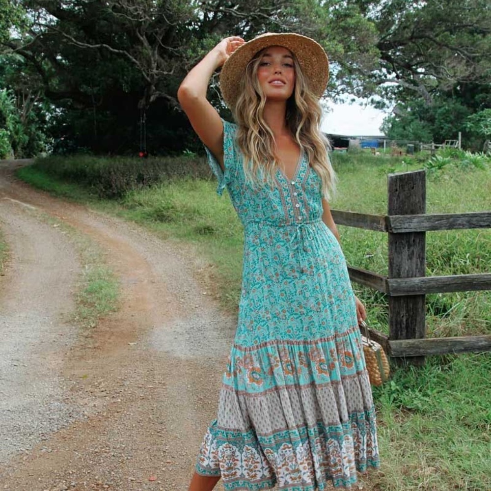 Boho Mint green floral print v neck button ruffle midi dress - Picture 3 of 6